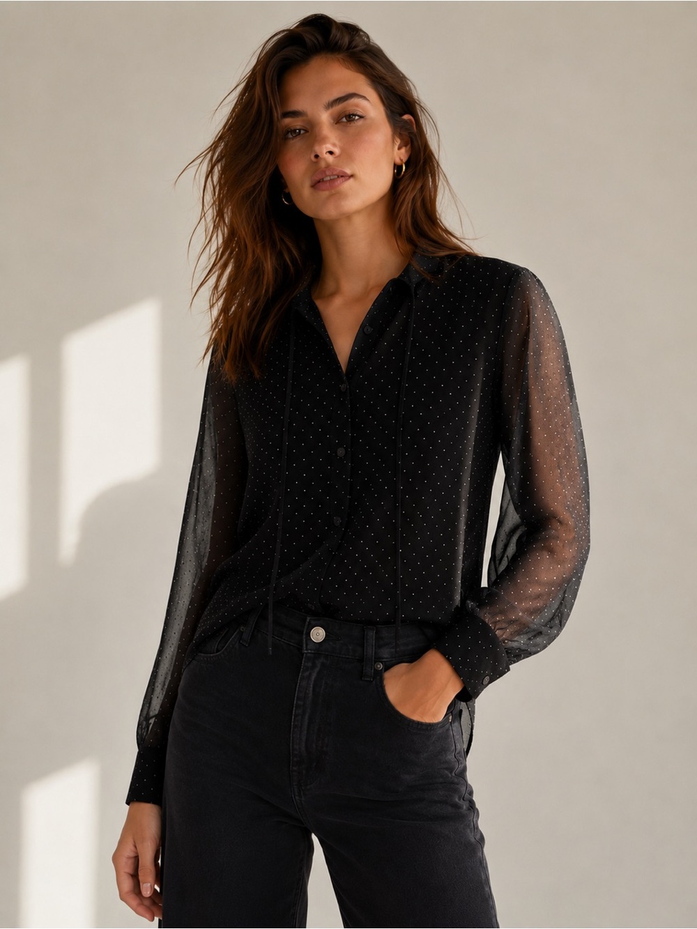 AllSaints Black Semi-Sheer Metallic Swiss Dot Tie Neck Blouse